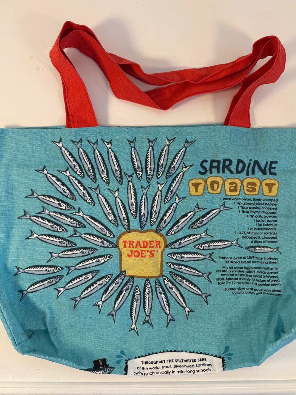 Trader Joe's Blue Canvas Tote with Red Handles - Sardines Graphic - Picture 2 of 4